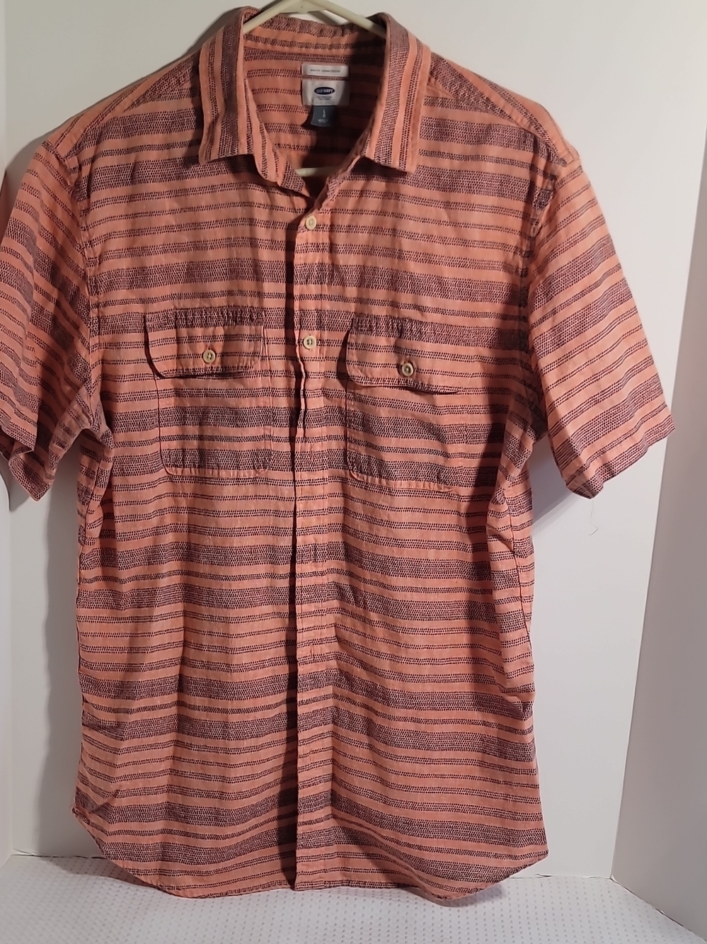 Old Navy Peach and Black Striped Short-Sleeve Button-Down Shirt